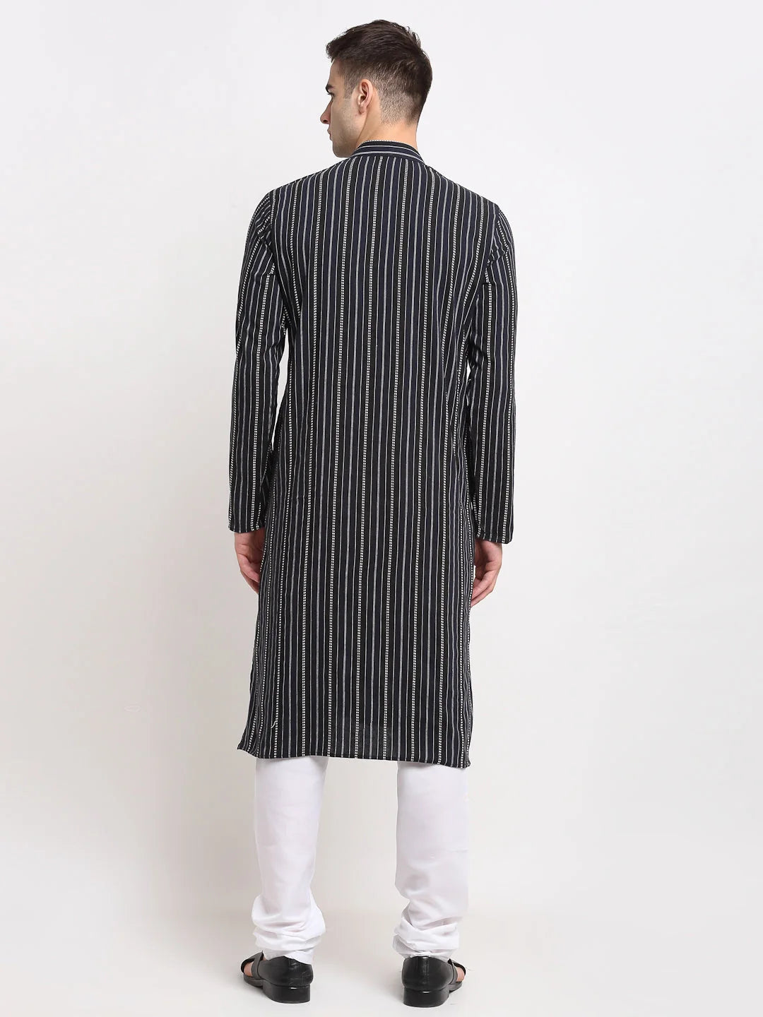 Black Cotton Striped Mens Kurta Pajama Set | Stylish Look
