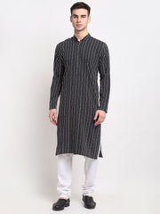Men's Black Cotton Striped Kurta Only