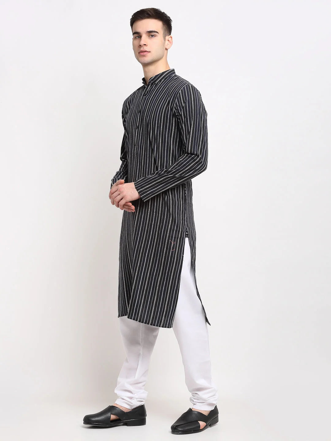 Black Cotton Striped Mens Kurta Pajama Set | Stylish Look