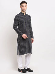 Men's Black Cotton Striped Kurta Only