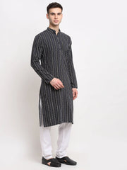 Men's Black Cotton Striped Kurta Payjama Sets