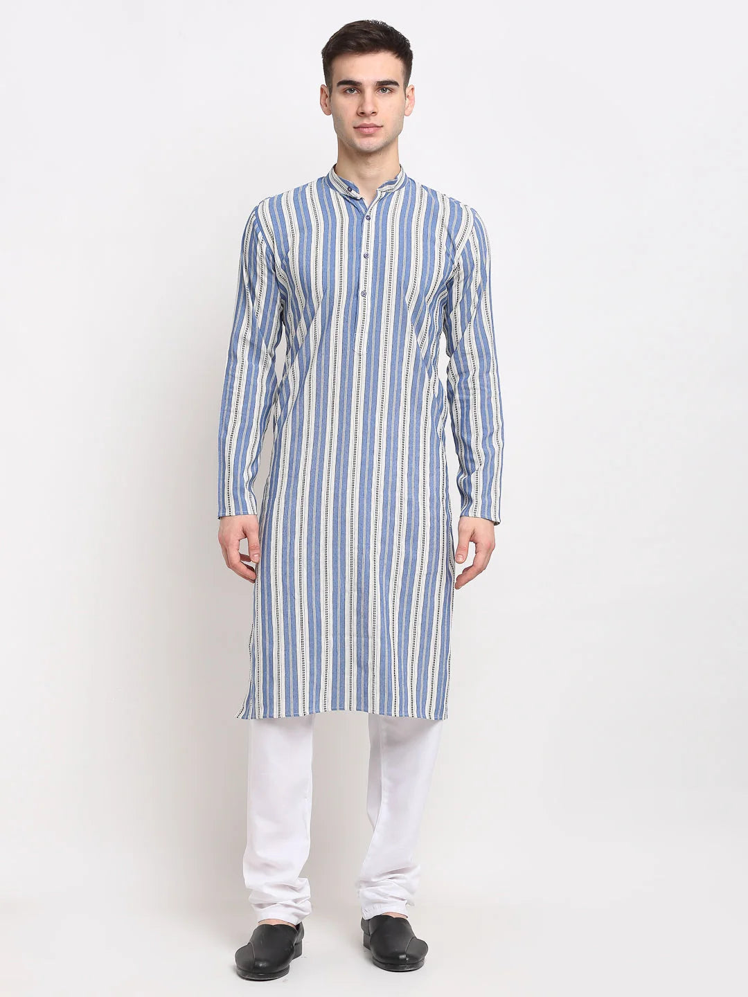 Blue Cotton Striped Mens Kurta Pajama Set | Classic Design