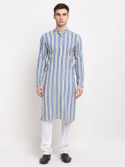 Men's Blue Cotton Striped Kurta Payjama Sets