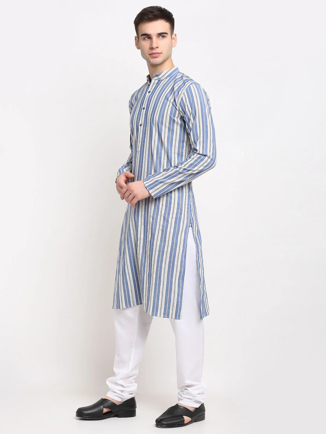 Blue Cotton Striped Mens Kurta Pajama Set | Classic Design