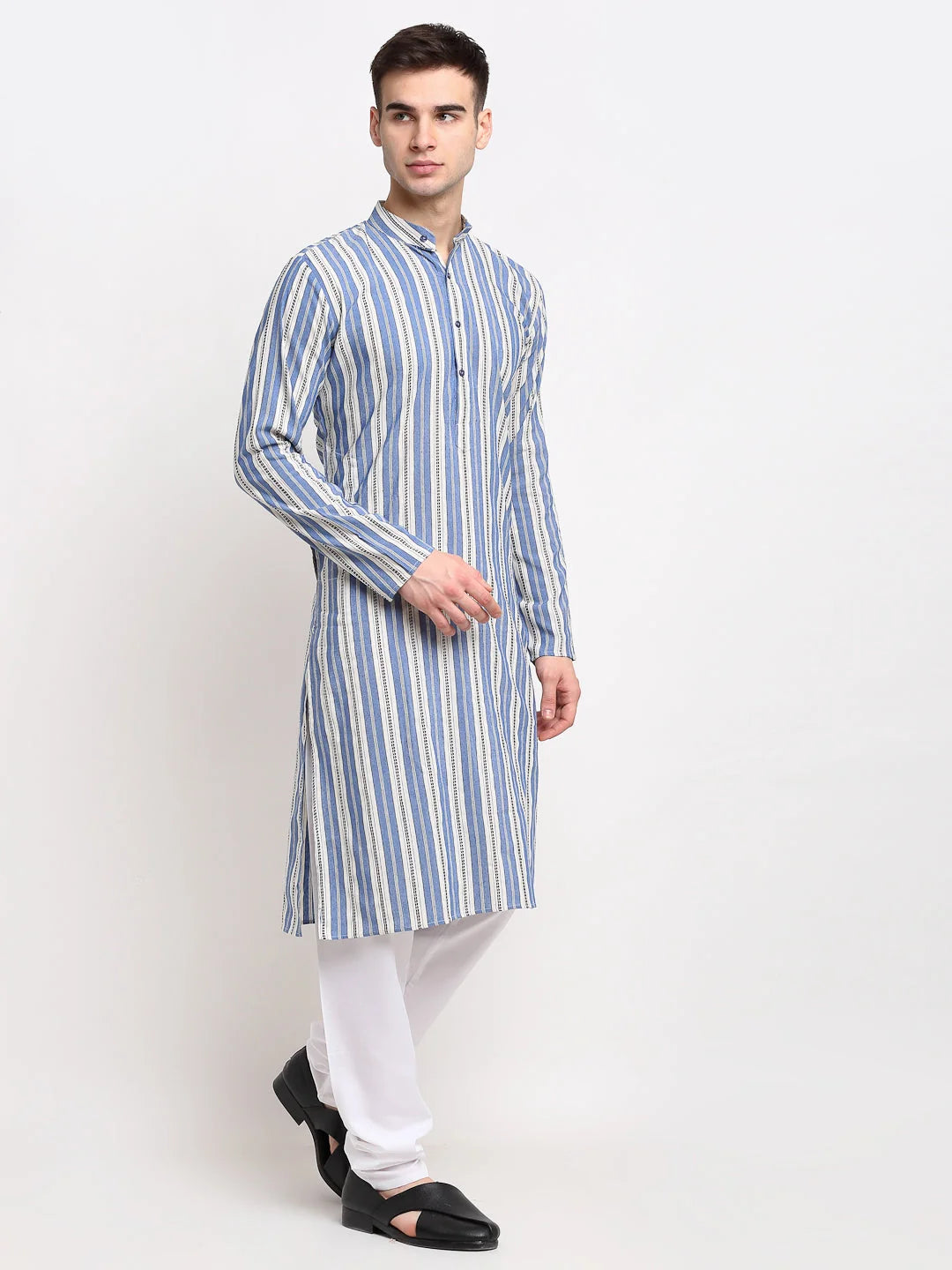 Blue Cotton Striped Mens Kurta Pajama Set | Classic Design