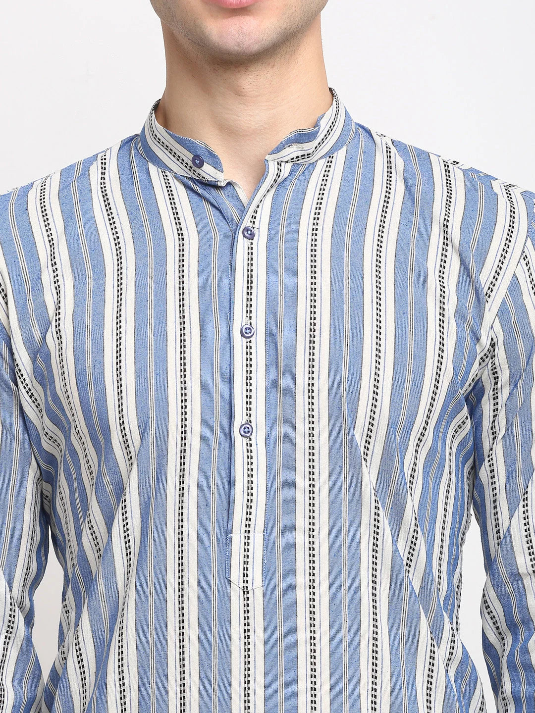 Blue Cotton Striped Mens Kurta Pajama Set | Classic Design