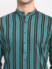 Men's Green Cotton Striped Kurta Payjama Sets