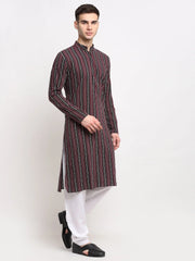 Men's Maroon Cotton Striped Kurta Payjama Sets