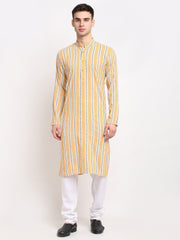 Men's Yellow Cotton Striped Kurta Only