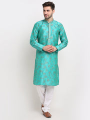Men's Green Dupion Printed Kurta Only
