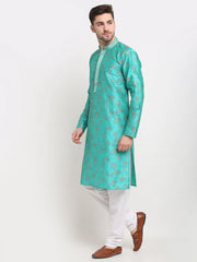 Men's Green Dupion Printed Kurta Only