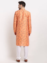 Men's Orange Dupion Printed Kurta Only