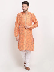 Men's Orange Dupion Printed Kurta Only