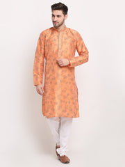 Men's Orange Dupion Printed Kurta Only