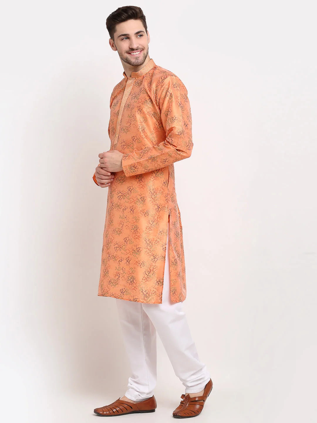 Orange Mens Kurta Pajama Set - Dupion Printed Cotton Blend
