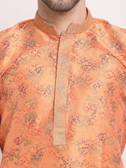 Men's Orange Dupion Printed Kurta Only