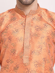 Men's Orange Dupion Printed Kurta Only