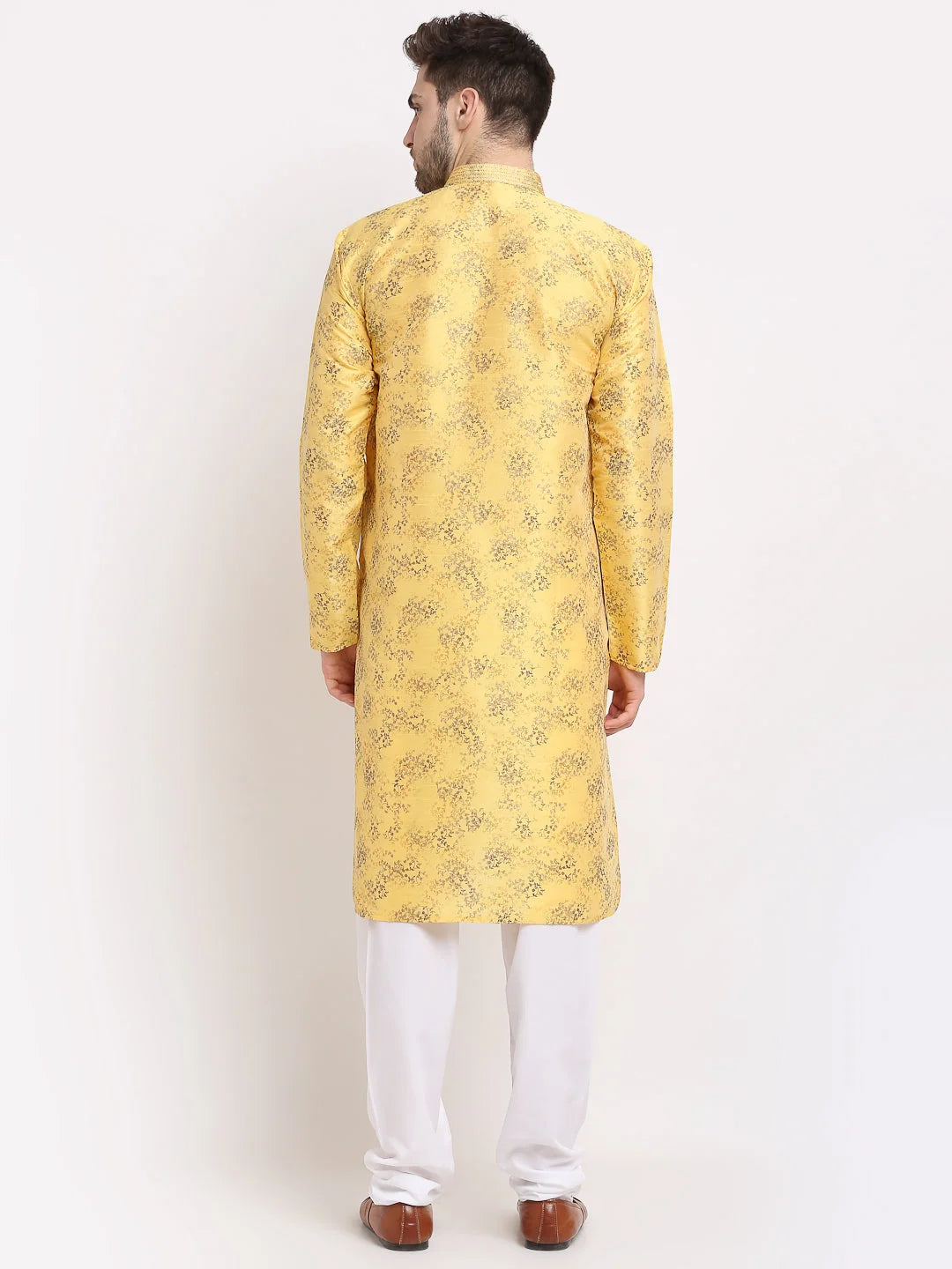 Yellow Mens Kurta Pajama Set - Dupion Printed Cotton Blend