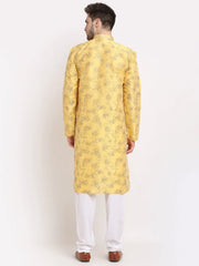 Men's Yellow Dupion Printed Kurta Only