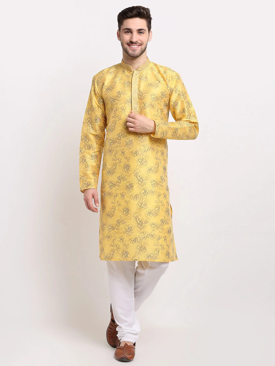 Yellow Printed Silk Kurta for Men | Indian Wedding Kurta