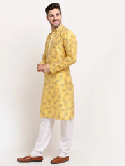 Men's Yellow Dupion Printed Kurta Only