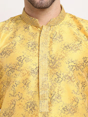 Men's Yellow Dupion Printed Kurta Only
