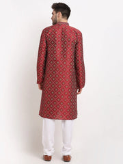 Men's Maroon Woven Kurta Only
