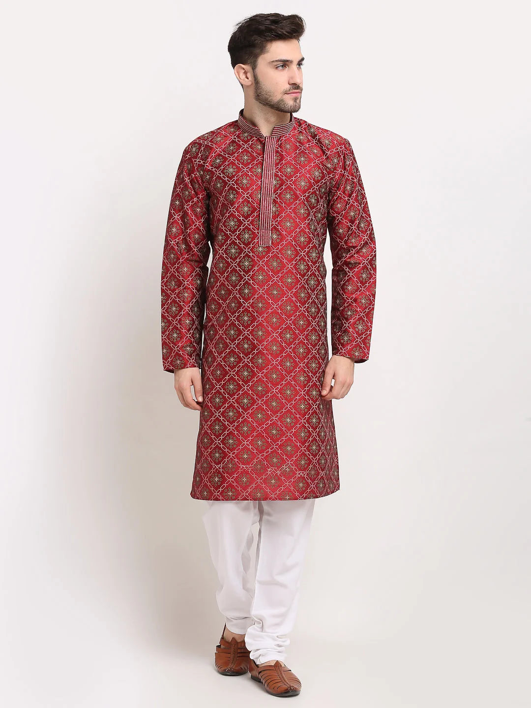 Men's Maroon Woven Kurta Payjama Sets