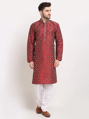 Men's Maroon Woven Kurta Payjama Sets