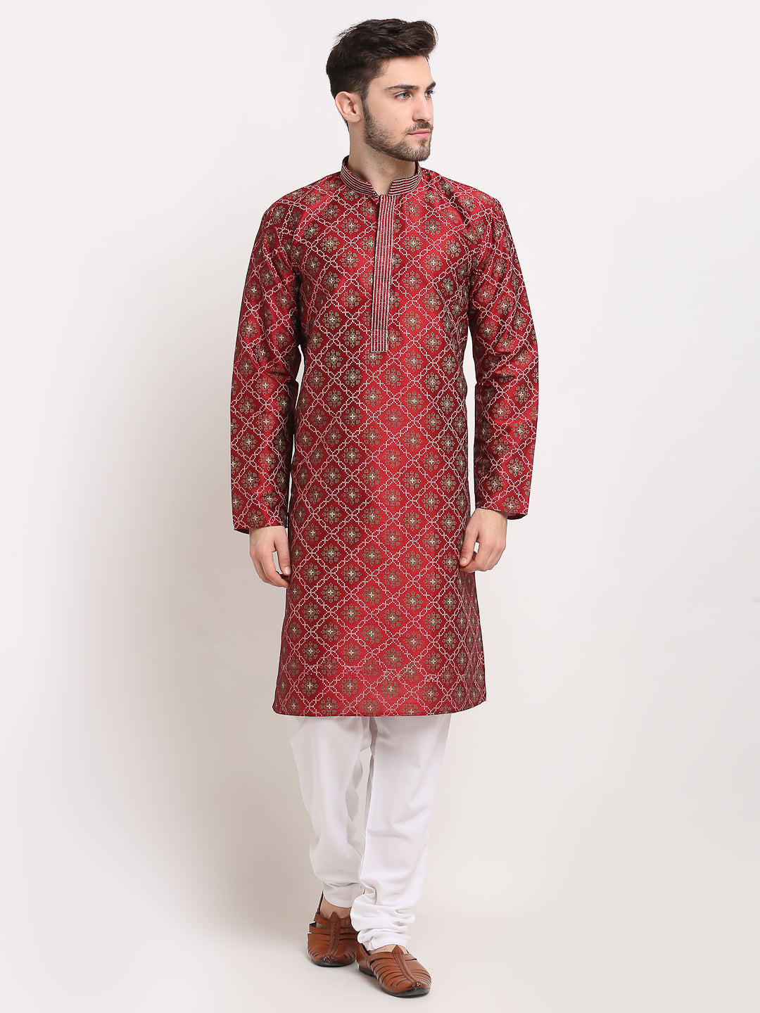 Maroon Woven Mens Kurta Pajama Set - Cotton Blend Pathani
