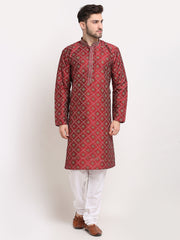 Men's Maroon Woven Kurta Only