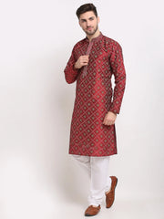 Men's Maroon Woven Kurta Only