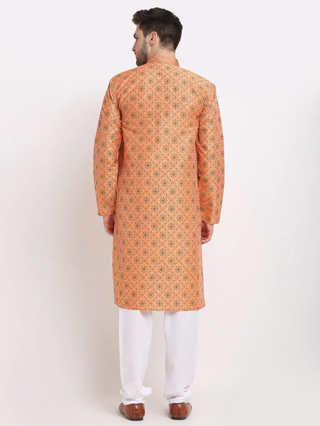 Orange Woven Mens Kurta Pajama Set - Cotton Blend Pathani