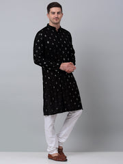 Men's Black Printed Mirror Kurta Payjama Sets