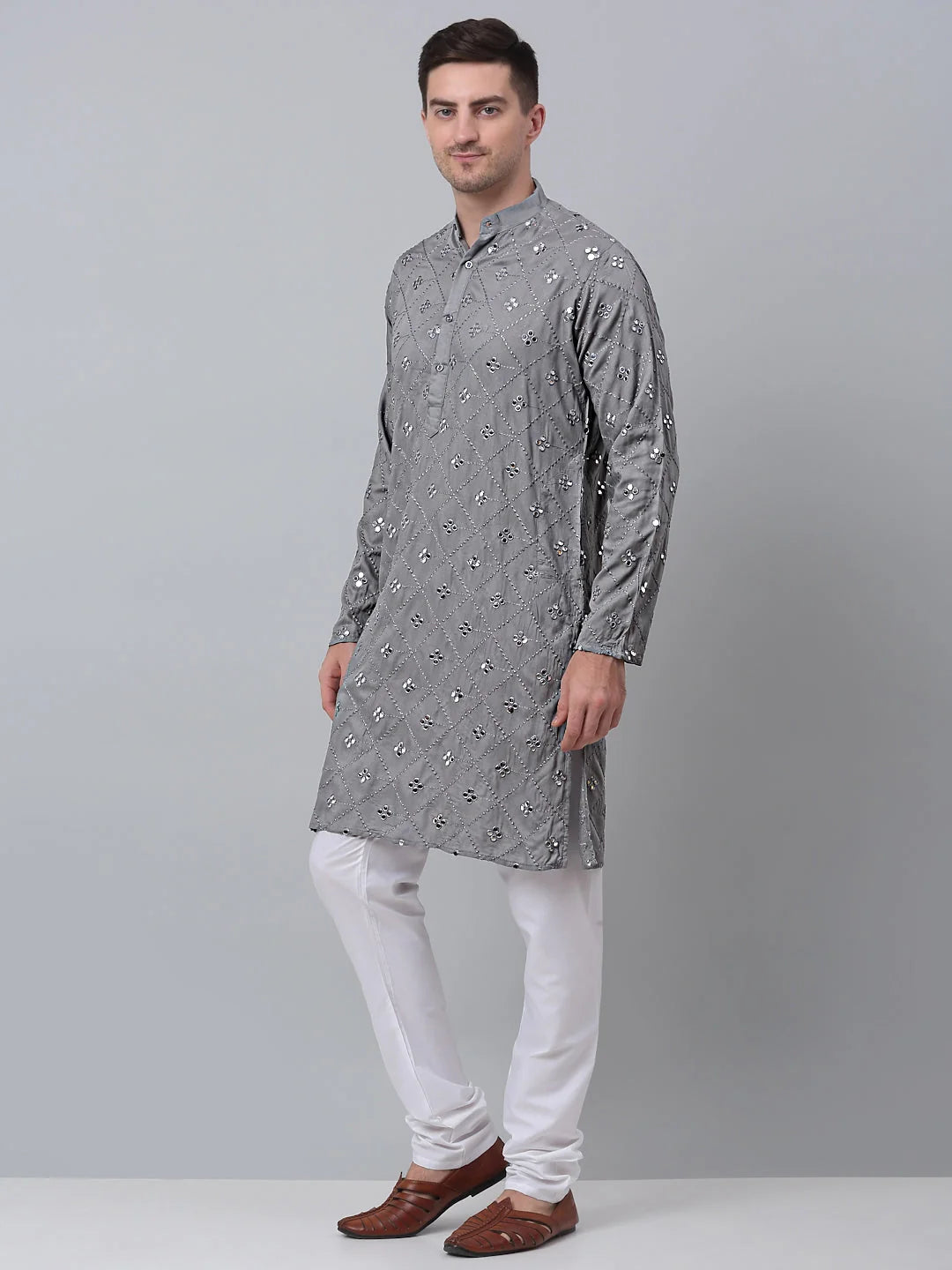 Men's Grey Kurta Pajama Set - Embroidered Cotton Kurta