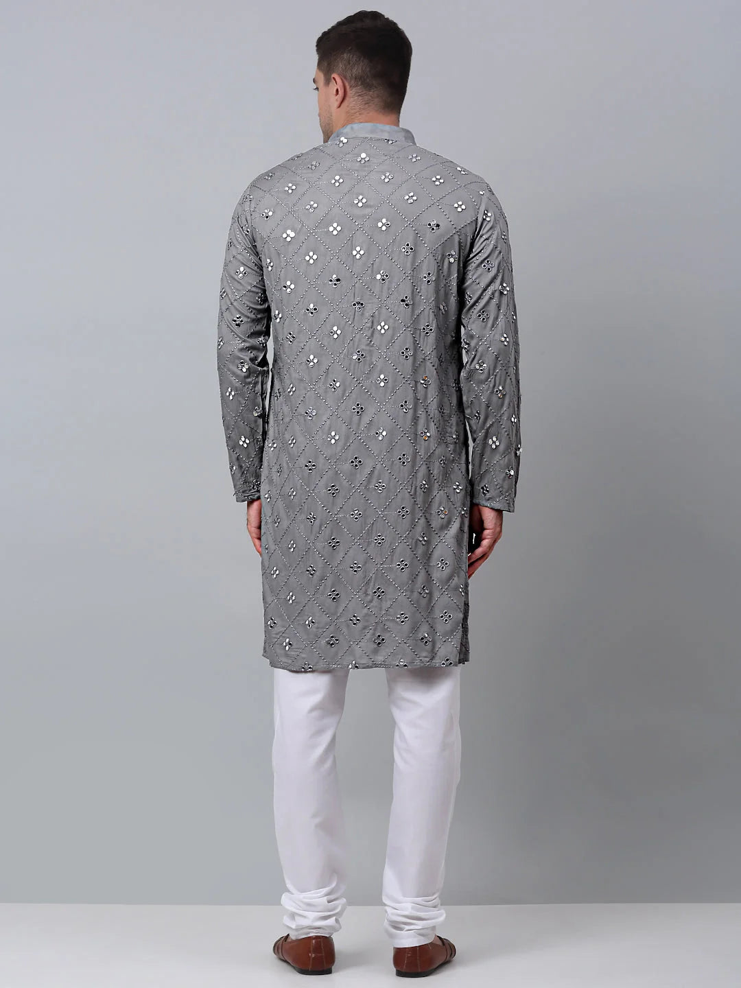 Men's Grey Kurta Pajama Set - Embroidered Cotton Kurta