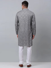 Men's Grey Embroidered Mirror Work Kurta Pyjama