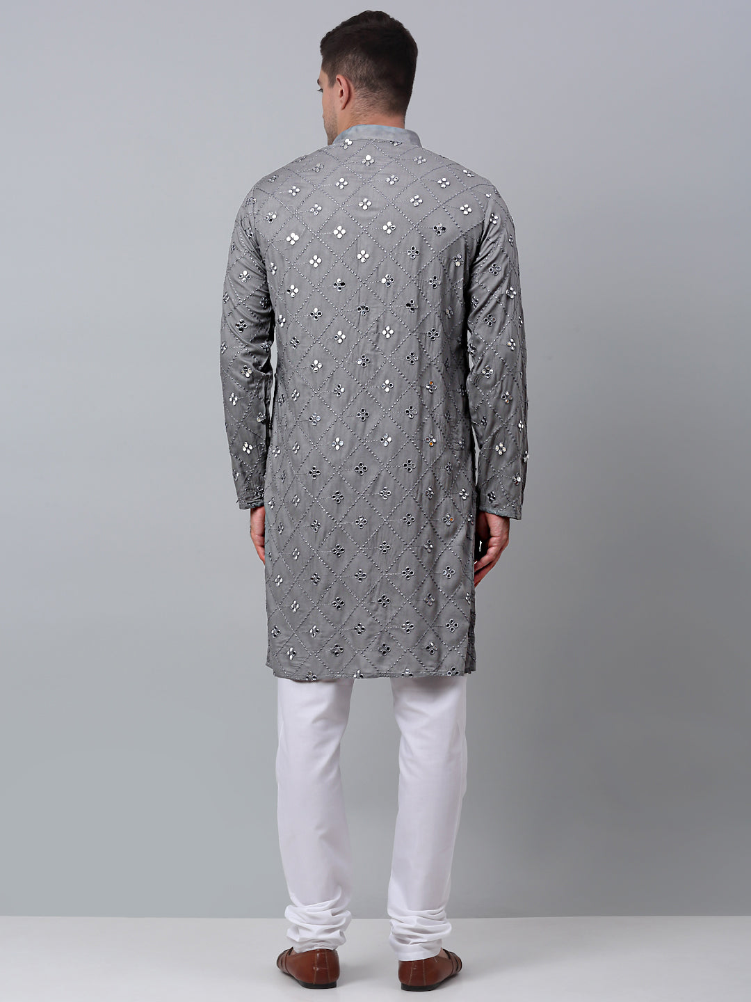 Men's Grey Kurta Pajama Set - Embroidered Cotton Kurta