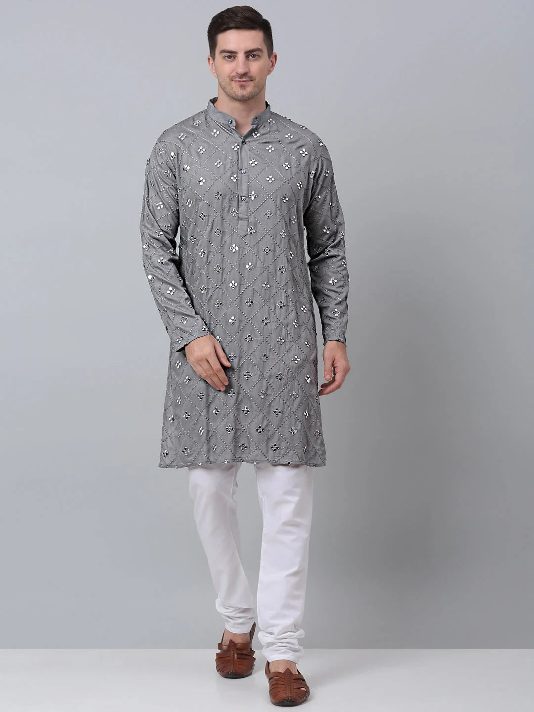 Men's Grey Kurta Pajama Set - Embroidered Cotton Kurta