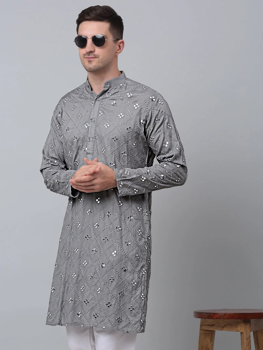 Men's Grey Kurta Pajama Set - Embroidered Cotton Kurta