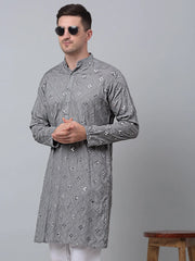 Men's Grey Embroidered Mirror Work Kurta Pyjama