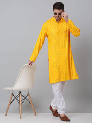 Men's Mustard Printed Mirror Kurta Payjama Sets