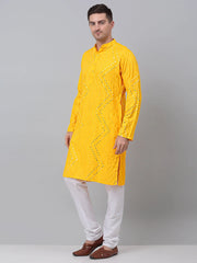 Men's Mustard Printed Mirror Kurta Payjama Sets