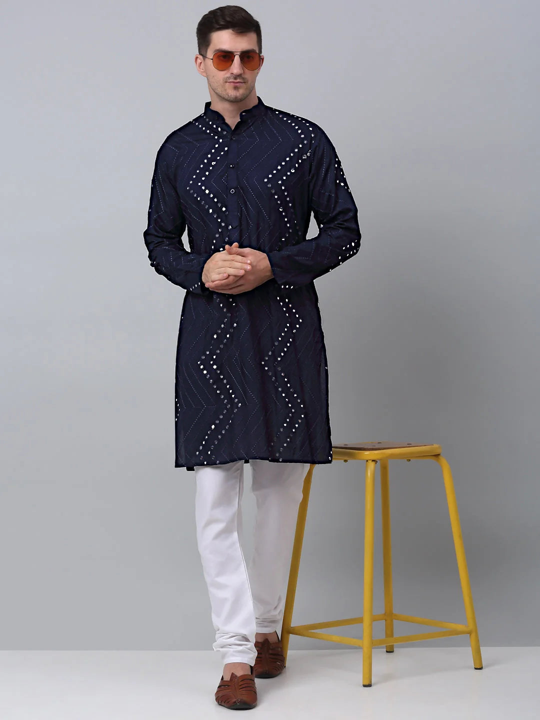 Men's Navy Embroidered Mirror Work Kurta Pyjama | Pathani