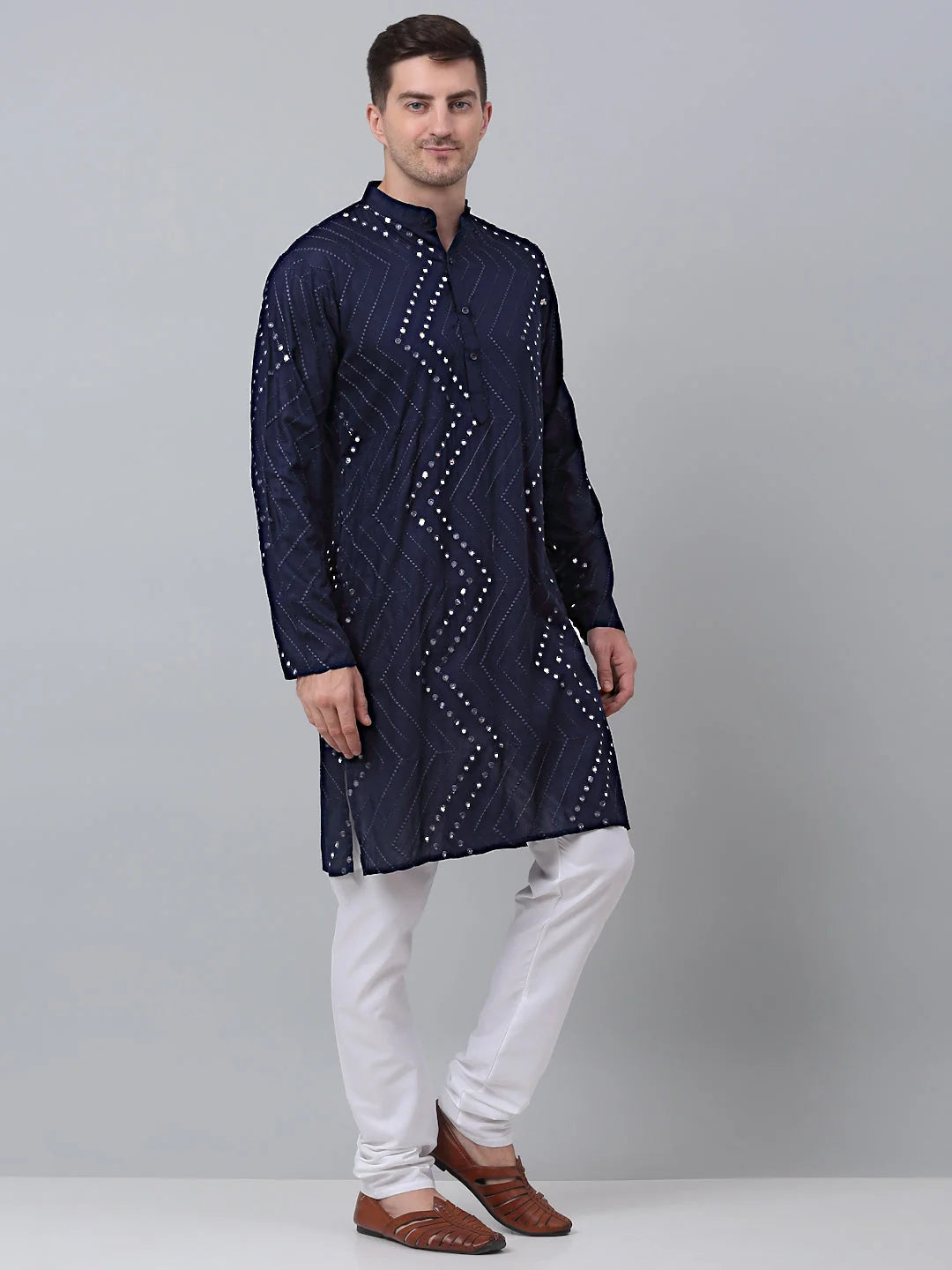 Men's Navy Embroidered Mirror Work Kurta Pyjama | Pathani
