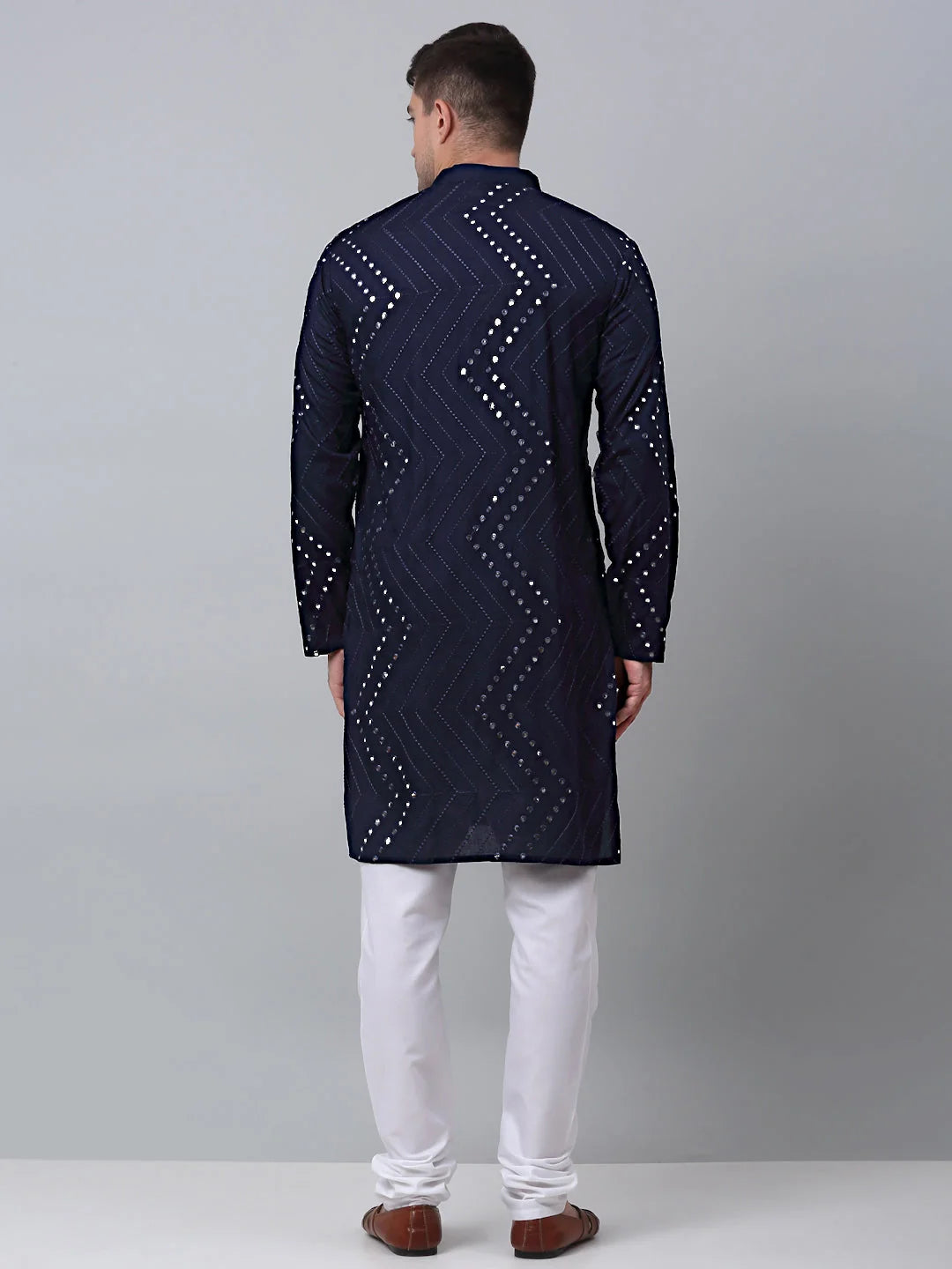 Men's Navy Embroidered Mirror Work Kurta Pyjama | Pathani