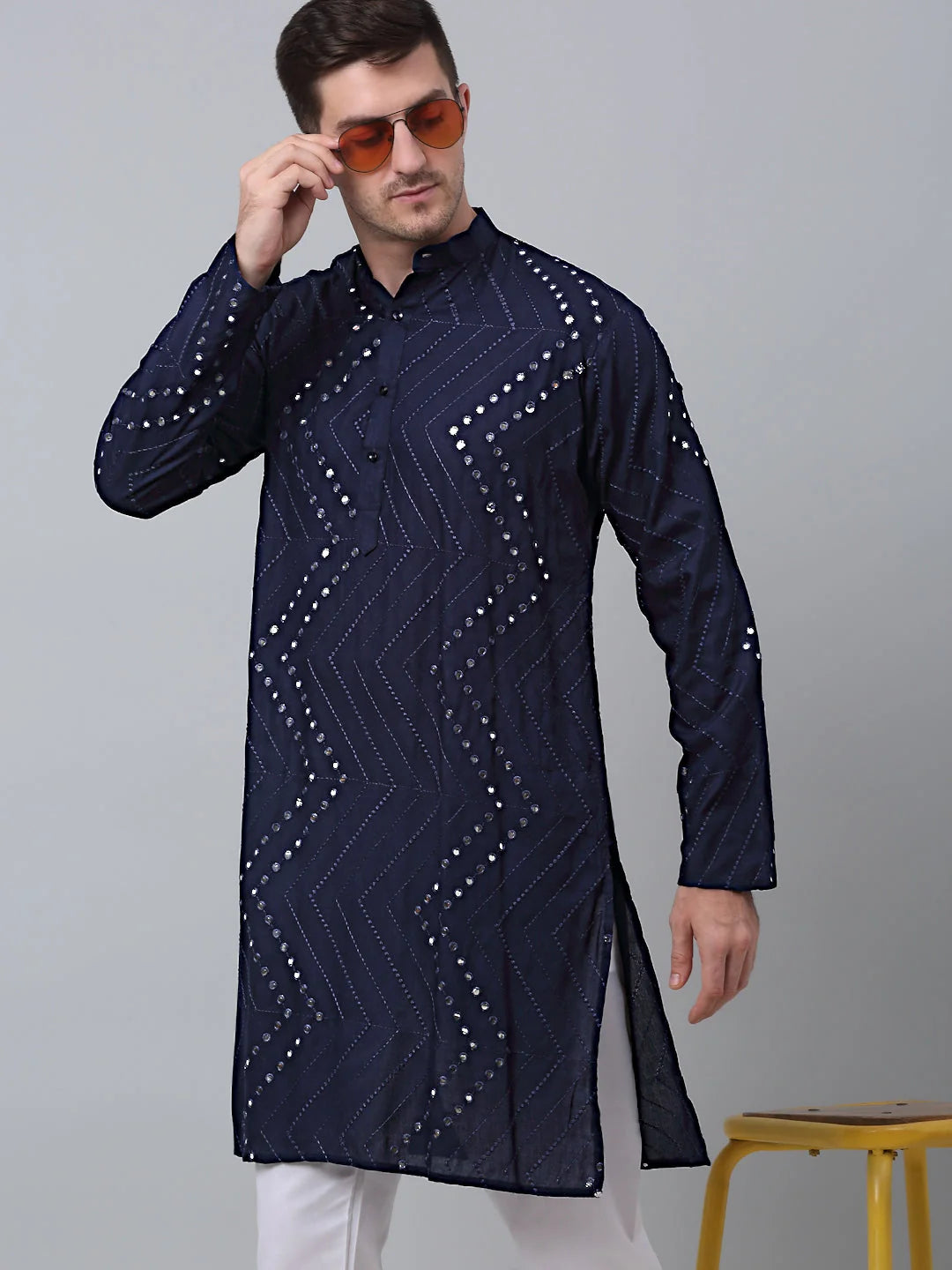 Men's Navy Embroidered Mirror Work Kurta Pyjama | Pathani