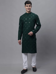 Men's Olive Green Embroidered Mirror Work Kurta Pyjama