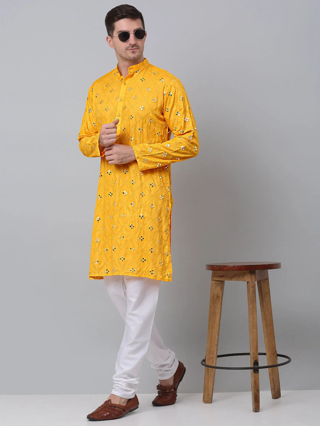 Yellow Embroidered Mens Kurta Pajama Set | Cotton Kurta Pajama