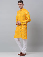 Men's Yellow Embroidered Mirror Work Kurta Pyjama
